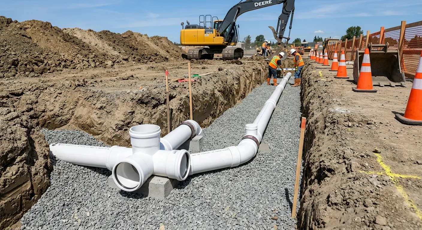 New PVC sewer pipe installation in open trench for Sewer Backup in Chanhassen