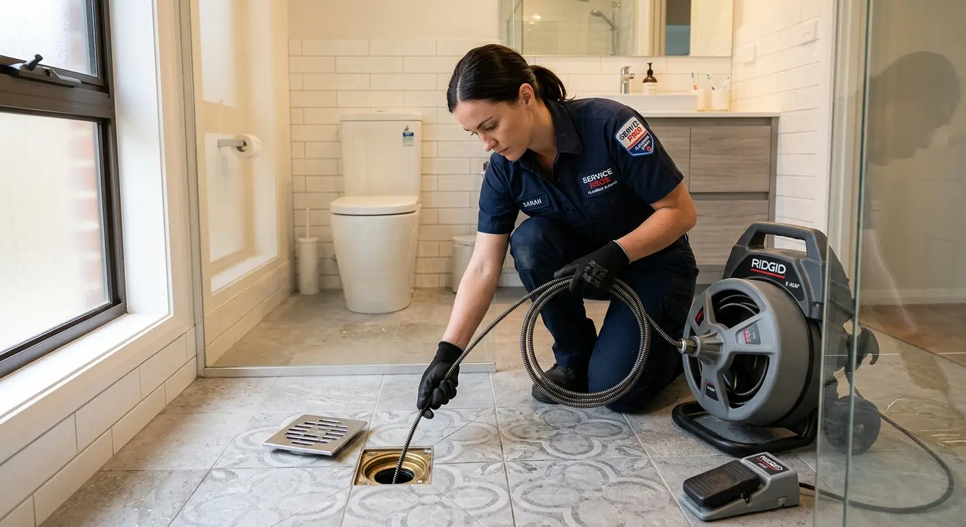 Technician clearing a bathroom floor drain for Drain Cleaning in Chanhassen